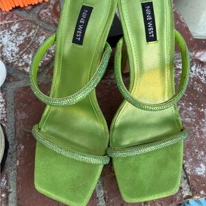 Nine West Lime Green Satin Crystal-Embellished Heeled Sandals